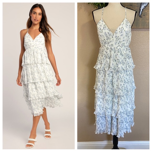 Lulus Dresses & Skirts - NWOT Lulus Petal Party White Floral Print Plisse Surplice Midi Dress